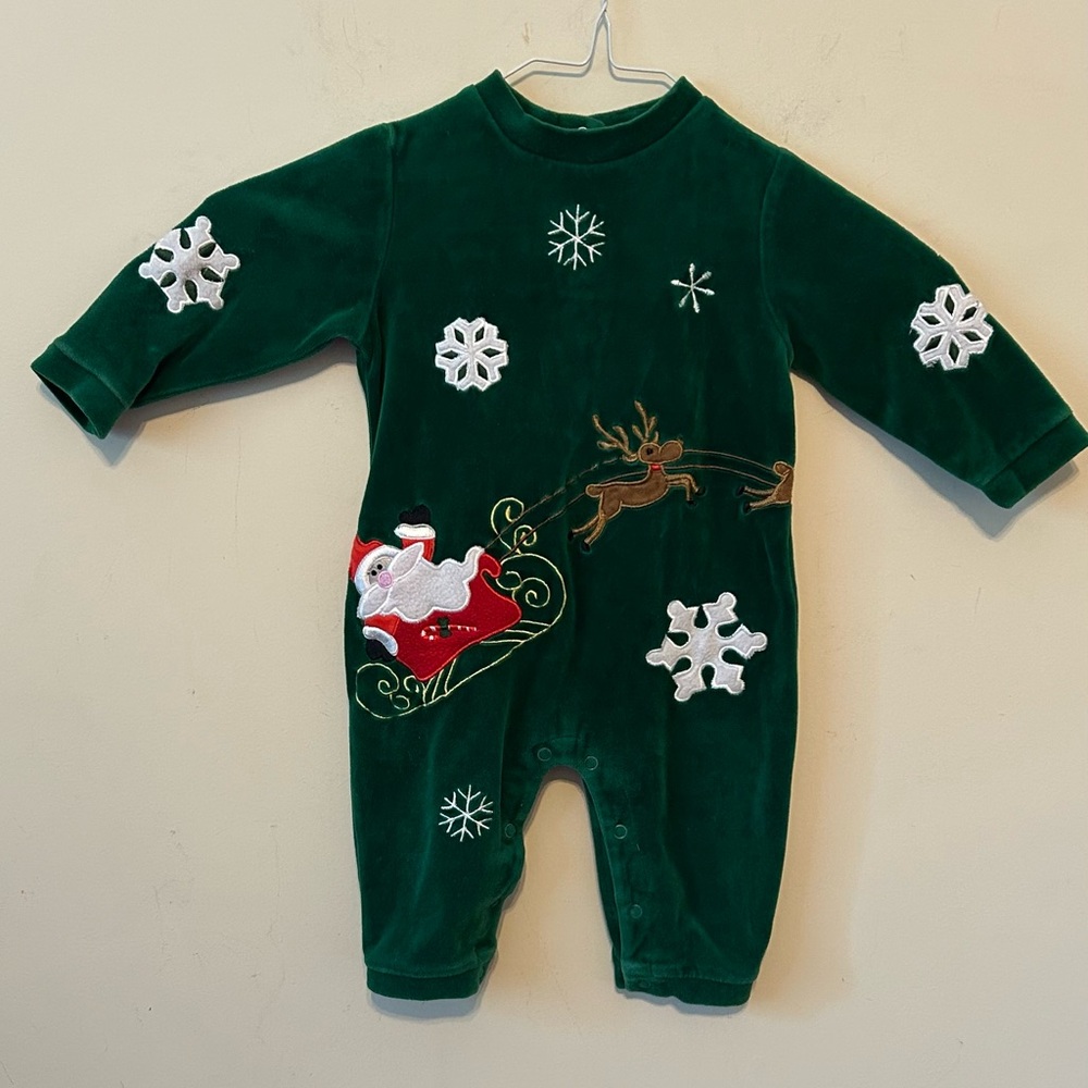 Santa & Reindeer‎ Green Velvet Baby Romper 12 Months Embroidered Front/Back
